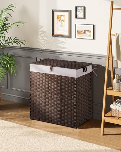 Greenstell Laundry Hamper with lid, No Install Needed, 110L Wicker Laundry Baskets Foldable 2 Removable Liner Bags, 2 Section Clothes Hamper Handwoven Rattan Laundry Basket with Handles, Brown - color: Brown