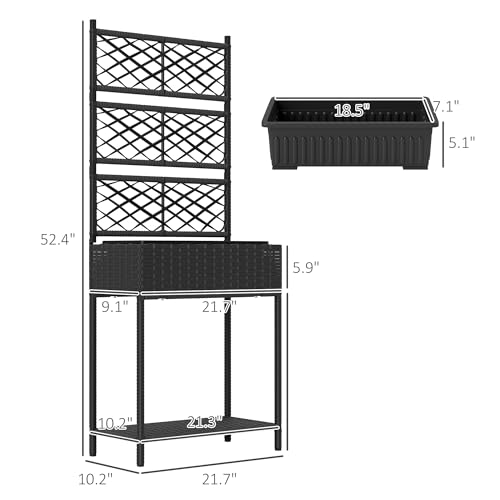 Outsunny Raised Garden Bed with Trellis, Outdoor Wicker Planter, Freestanding Rattan Planter Stand with Storage Shelf for Climbing Plants, Flowers, Herbs, Vegetables, Black - color: Black