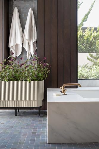 Veradek Demi Series Raised Long Planter for Indoor/Outdoor Use | Made from Plastic & Stone w/Wooden Stand | Modern Patio Décor for Flowers/Shrubs - color: Sand/Black, size: 30 inch - 2 Pack