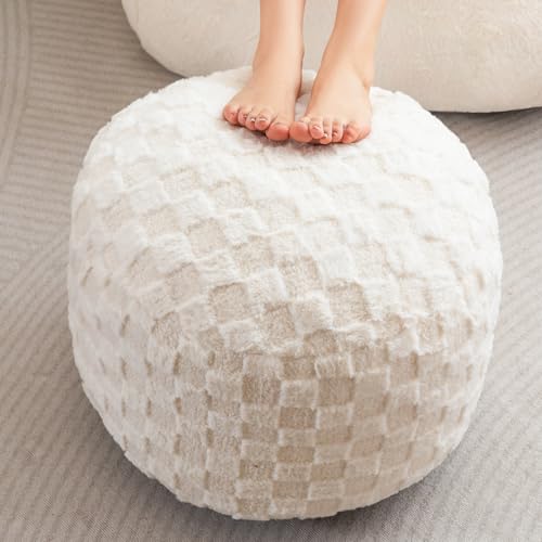 HIGOGOGO Round Stuffed Pouf Ottoman, Plaid Poufs with Foam Chunk Filling, Fluffy and Furry Pouf Foot Stool Storage Ottoman, 20 X 15 Floor Poufs Foot Rest for Living Room, Beige - color: Plaid Beige, size: 20"D x 20"W x 15"H
