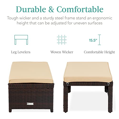 Best Choice Products Set of 2 Wicker Ottomans, Multipurpose Outdoor Furniture for Patio, Backyard, Additional Seating, Footrest, Side Table w/Removable Cushions, Steel Frame - Brown/Tan - color: Brown/Tan