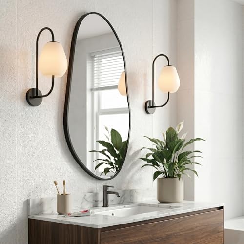 Large Irregular Wall Mirror 38" x 20", Asymmetrical Black Bathroom Vanity Mirror with Matte Aluminum Frame and Tempered Glass, Organic Shape Decor for Entryway and Living Room - color: Black, size: 38"L x 20"W