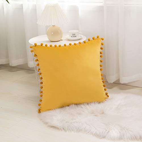 Elegant Comfort POM-POMS Fringe Velvet Cushion Covers Set of 2, Velvet Soft Solid Decorative Square Throw Pillow Covers Set Cushion Case for Couch Bed, Livingroom 18 x 18 Inch (45 x 45 cm), Gold/Camel - color: Gold/Camel, size: 18" x 18" (Pack of 2)
