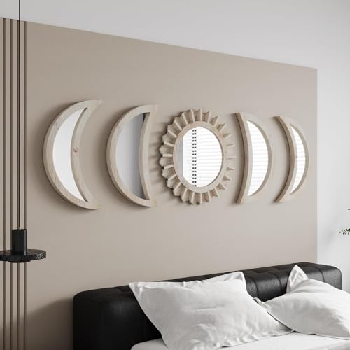 WAKOSAN Moon Phase Wall Mirror Set, 5PCS Wooden and Real Glass Mirrors | Bohemian style bedroom decor, crystal clear reflection, for living room apartment,wall hanging - color: White