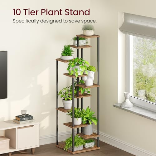 Yzosvki 10 Tier Plant Stand Indoor, Tiered Corner Plant Shelf Flower Stand for Living Room, Balcony, Patio, Garden, Rustic Brown - color: Square-Rustic Brown, size: 10 Tier