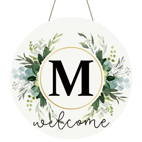 Monogram Letter M House Warming Gifts New Home Wreaths for Front Door Decor Wooden Welcome Sign Floral Family Last Name Initial Spring Summer Porch Rustic Wall Home Kitchen Boho Decorations - color: Letter M