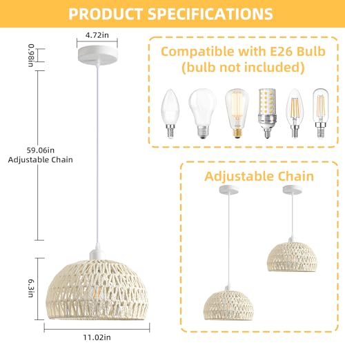 Rattan Pendant Light, 11" Boho Dome Dining Room Chandelier, Cream White Woven Kitchen Pendant Lighting over Island, Coastal Wicker Light Pendant Hanging Light Fixture for Nursery Entryway Bedroom, E26 - color: 11" Cream