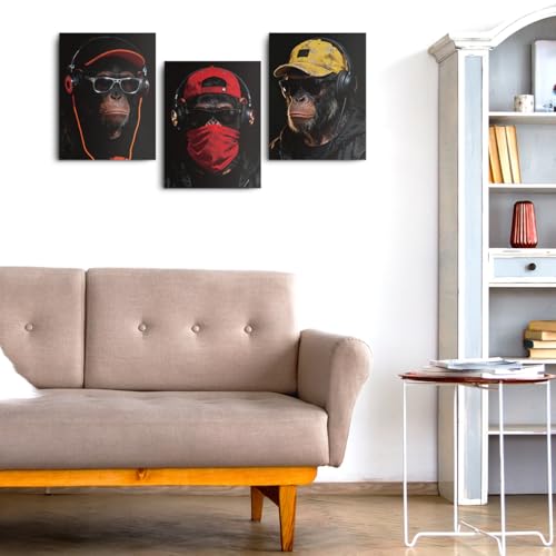 3 Pcs Cool Monkeys with Bandanas & Caps Wall Art, Funny Monkeys Art Canvas Framed Prints for Bedroom Living Room Office Cafe Bar Wall Decor, Housewarming Gifts 11.5x15 Inch - color: Multi 1364