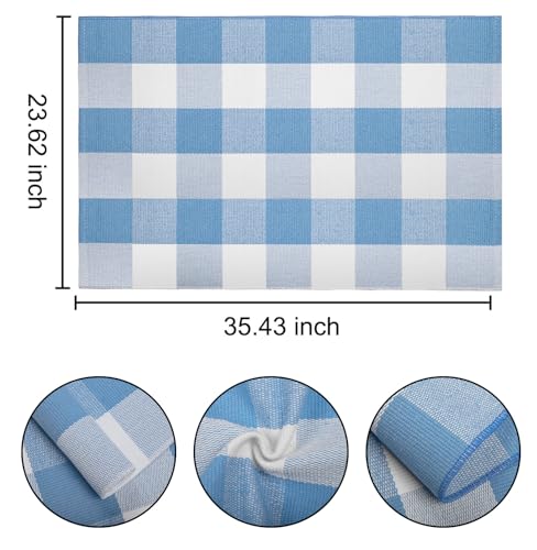 Light Blue and White Outdoor Rug 24''x35'' Buffalo Plaid Porch Mat Cotton Woven Washable Carpet for Layered Doormat Hello/Welcome Door Mat,Kitchen,Farmhouse,Entryway - color: Light Blue, size: 24''x 35''