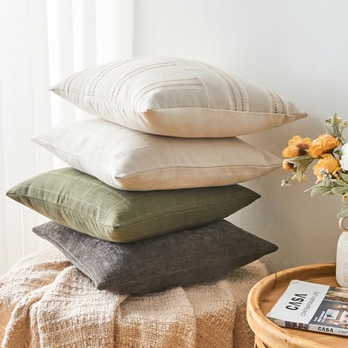 Throw Pillow Covers Set of 2 18x18 Inch Striped Pillow Covers, Soft Decorative Cotton Neutral Khaki Textured Case for Couch Sofa Bed Living Room, Home Modern Farmhouse Cute Decor - color: Khaki, size: 18" x 18" (Pack of 2)