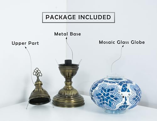 Turkish Mosaic Table Lamp with Bulb – Handmade Turquoise Blue Stained Glass Bedside Light, Authentic Vintage Boho Decor with E12 Socket & US Plug - color: Turquoise Blue