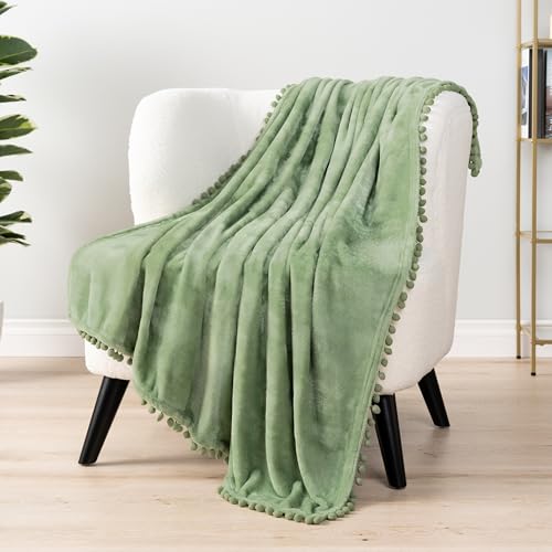 PAVILIA Fleece Throw Blanket for Couch with Pom Pom Fringe, Sage Light Green, Soft Cozy Fuzzy Flannel Blanket for Sofa Bed, Large Lightweight Plush All Season Throw, 60x80 Inches - color: Sage Green, size: 60"x80"