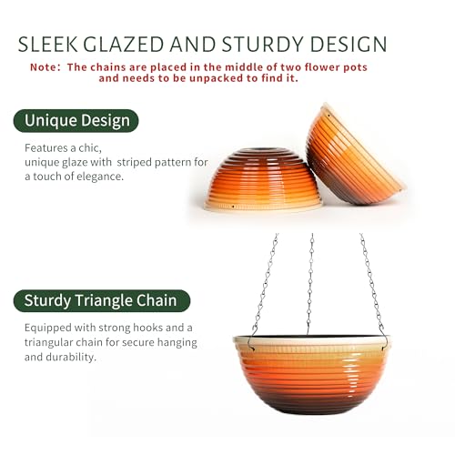 Vanslogreen 2 Pack Hanging Planters for Indoor Outdoor Plants, 10 Inch Hanging Planter with Drainage Hole & Plug Glazed Hanging Baskets Flower Pots for Garden Home, Orange - color: Orange, size: 10inch