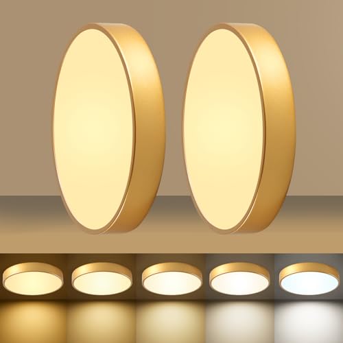 24W Dimmable Ceiling Light Fixture, 12 inch Flush Mount Light Fixture, LED Ceiling Lights Bedroom, Kitchen, Entryway, Super Bright 2700 Lumens, 300W Equivalent 5CCT(2700k-5000k) 2 Pack Gold - color: Gold-2 Pack