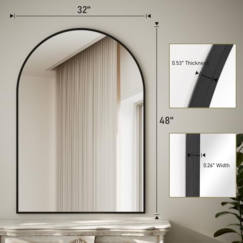 HARRITPURE Arched Bathroom Mirror - 32"x48" Black Large Wall Mounted Vanity Mirror Aluminum Alloy Frame Arch Wall Mirror for Living Room, Bedroom and Entryway - color: Black-1pcs, size: 48"L x 32"W