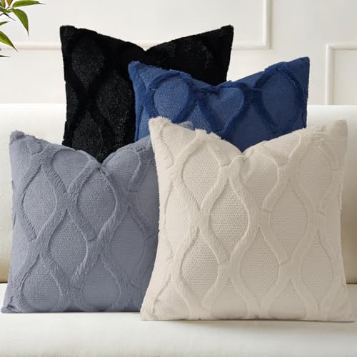 decorUhome Summer Set of 4 Throw Pillow Covers 18x18 Inch, Neutral Decorative Soft Plush Faux Wool Couch Pillow Covers, Farmhouse Pillow Cases for Living Room Bed Sofa (Blue/Grey) - color: Blue Grey, size: 18" x 18" (Pack of 4)