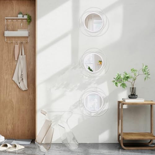 3 Set 12'' White Circle Mirrors Wall Decorative Wire Metal Mirror Art Small Round Mirror Home Decor Hanging Mirror for Room/Bedroom/Bathroom/Entryway - color: Round-white, size: 3 Set 12"L x 12"W