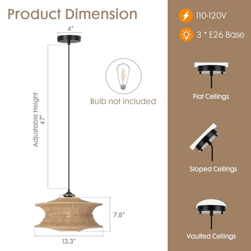 13" Boho Rattan Pendant Light Fixture, Hand Woven Hanging Ceiling Lamp for Kitchen Island, Dining Room, Entryway, Small Rustic Natural Woven Lighting