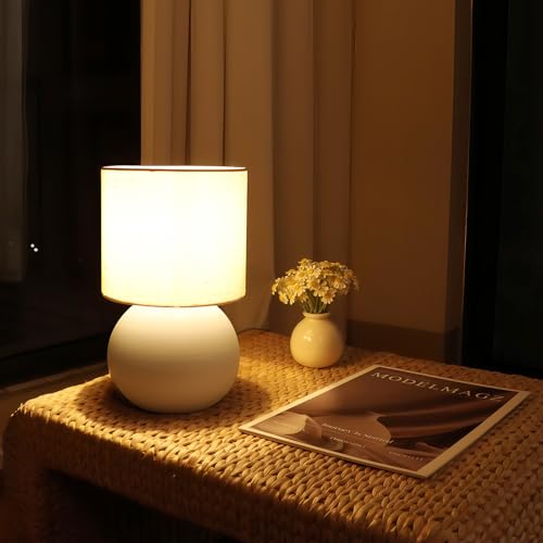 Modern White Small Table Lamp with Cotton Linen Shade, 6.2×6.2×10.4 inch LED Desk Light, One-Button Switch for Bedroom, Living Room, Nightstand, Includes Warm Light Bulb - color: White, size: Pack of 1