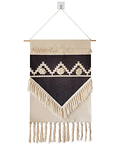 Macrame Woven Wall Tapestry Hanging Art, 20" W x 34" H Extra Large Boho Chic Bohemian Morocco Geometric Tapestries Decor for Apartment Dorm Kids Living Room Bedroom Door Entrance (Black Triangle-004)