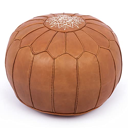 Marrakesh Gallery Genuine Leather Round Pouf Unstuffed - Moroccan Ottoman Footstool, Footrest Cover - Boho Decor - Bohemian Living Room, Bedroom, Kids Room, Gift & Wedding - color: Tan Cognac