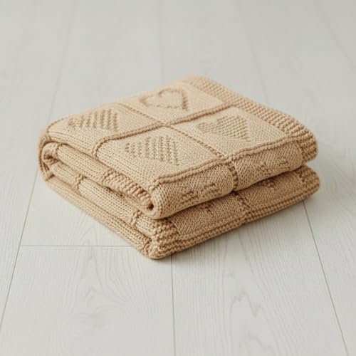 Baby Knit Cotton Blanket Beige Heart Texture Soft Cotton Nursery Crib Throw for Baby Shower Birthday Size 30x40 - color: Beige, size: 30"x40"