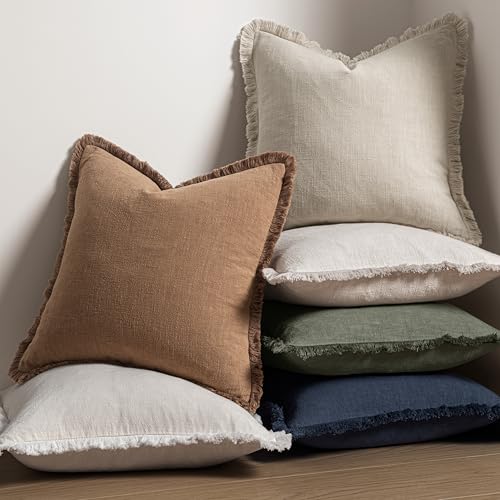 MIULEE Decorative Throw Pillow Covers Neutral Linen Fringe Throw Pillows Set of 2 Brown Boho Farmhouse Cushion Covers with Tassels for Couch Sofa Bed Living Room Spring Home Decor 18x18 Inch - color: Brown, size: 18" x 18" (Pack of 2)