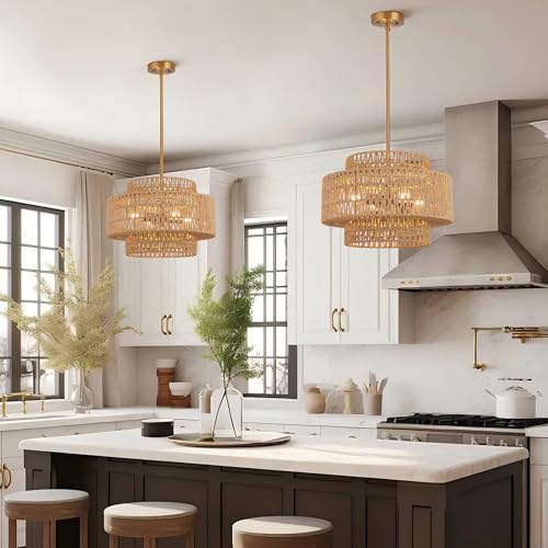 18 Inch Boho Chandeliers for Dining Room 4-Lights Black Farmhouse Light Fixtures Large Pendant Light Hand Woven Dining Table Light Fixture Rattan Hanging Lamp for Kitchen Island - size: 18 Inch