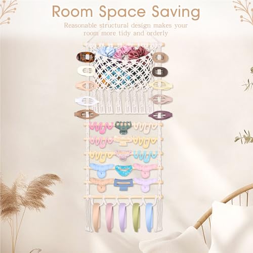 SNOWSTAR Macrame Hair Claw Clip Organizer,Large Capacity Mesh Bag Scrunchies Holder and Hair Ties Organizer for Women Girls,Hair Accessorie Hanging Storage Home Decor Wall,Door - color: Hook