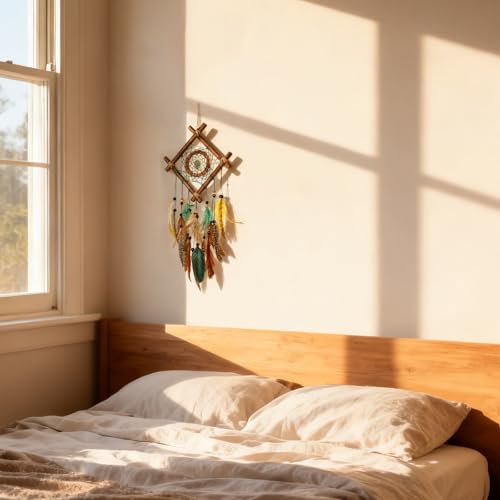 Dream Catcher Native American Boho Dreamcatcher Rattan Wood Wall Decor, Handmade Natural Dream Catchers with Healing Crystal Stone Feathers Ornament Indian Decor for Bedroom Living Room - color: Brown Green Mix