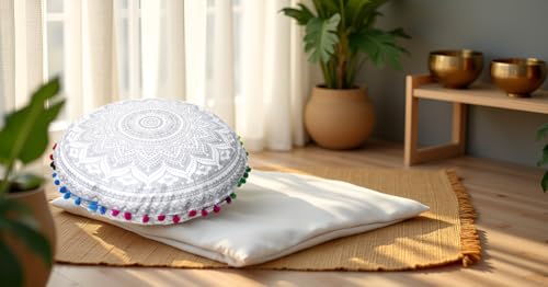 Round Mandala Floor Pillow Cover Seating Cushion Throw Cover Hippie Decorative Bohemian Ottoman Pouf Cover, Pom Pom Pillow Cases,Boho Indian 32 Inches Silver - color: Silver, size: 32" Round