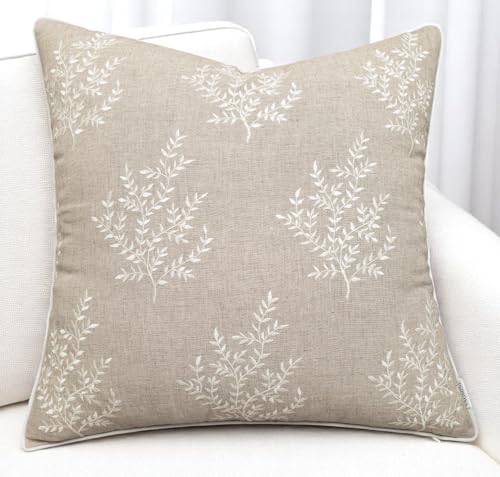 VAGMINE Embroidered Fern Botanical 18x18 Throw Pillow Cover - Natural Linen Square Cushion for Sofa Couch Bed - Cottagecore Farmhouse Home Decor - Leaves - color: Natural-leaves, size: 18" x 18" (Pack of 1)