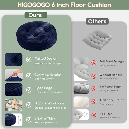 HIGOGOGO 6" Extra Thick Floor Pillow Cushion for Adults, Meditation Cushion Pillow, Large Round Floor Sitting, Tufted Corduroy Cover, for Tatami Living Room or Yoga, 22x22 Inch, 2Pack, Navy - color: Round Navy, size: 6" Thick(Pack of 2)