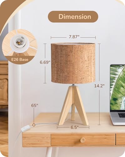 EDISHINE Small Table Lamp, Wooden Tripod Nightstand Lamp with Bark Linen Shade, Farmhouse Bedside Lamp for Nursery, Bedroom, Kids Room, Office, Reading Desk, 14.2 Inch, E26 Socket, ON/Off Switch - style: Cottage