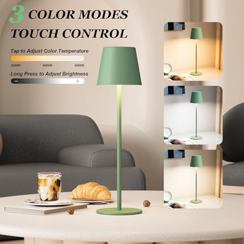 Kakanuo Cordless Table Lamp Rechargeable Green - KK 2 Pack 5000mAH Battery Operated Lamp for Dining Table, 3 Color Stepless Dimming Wireless Lamp for Counter, Outdoor Patio, Touch Control - color: Green, size: 2 Pack 14in - Down Light