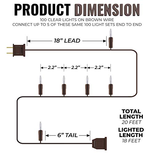 612 Vermont 100 Clear Mini Christmas String Lights on Brown Wire Cord, UL Approved for Indoor/Outdoor Use, 18 Foot of Lighted Length, 20 Foot of Total Length - size: 100 Light