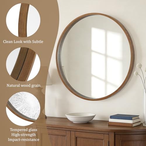WallBeyond Round Wood Mirror, 32" Round Modern Decoration Large Circle Wall Mirror for Bathroom Living Room Bedroom Entryway, Walnut - color: Walnut, size: 32"L x 32"W