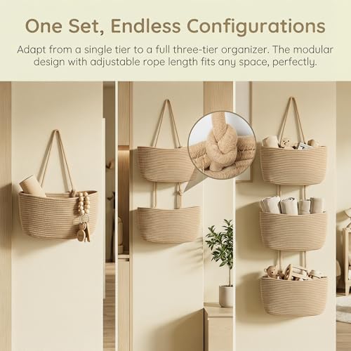 3-Tier Woven Cotton Rope Hanging Basket, Over the Door Organizer, Adjustable Detachable Wall Basket with Metal & Adhesive Hooks, No Drilling for Bedroom, Closet, Entryway & Home Decor - style: Jute