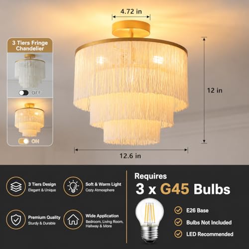 3-Tiered Boho Chandelier with Metal and Fringe,3 Lights Fringe Pendant Light Fixture,Tassle Chandelier for entryway,Dining Room,Baby Nursery,Gold and Light Beige - color: 3-Tiered-Light Yellow