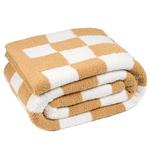 Carriediosa Checkered Throw Blanket 50" X 60", 400GSM Ultra Soft Microfiber Fuzzy Fluffy Reversible Cute Preppy Knitted Blankets Cozy Plush Fall Throws for Couch, Bed, Sofa, Tan Brown - color: Check - Tan Brown, size: 50" X 60"
