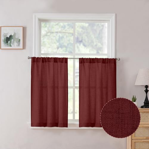 Tollpiz Linen Tier Curtains Rod Pocket Semi Sheer Short Kitchen Curtain Half Burlap Light Filtering Thick Linen Drape for Bathroom, 30 x 30 inches Long, Burgundy Red, Set of 2 Panels - color: Burgundy Red, size: 30"W x 30"L (Pack of 2)