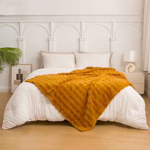 YUSOKI 3D Fleece Bubble Throw Blanket | 380GSM Ultra Soft Fluffy Plush | Non-Shedding Lightweight Cozy Blanket for Couch Sofa Bed | All Season (Gold,50 * 60inches) - color: Gold, size: Throw(50" x60")