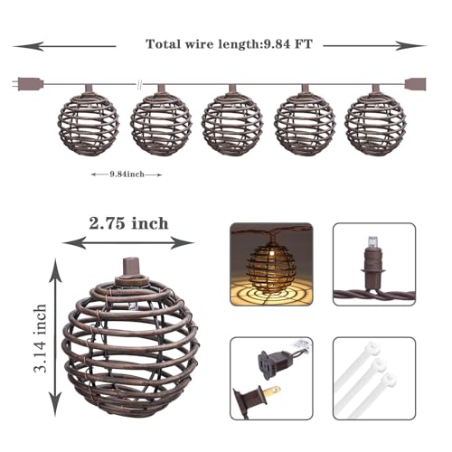 Vigdur Patio String Lights Outdoor, Brown Globe Lantern String Lights with 10 Bulbs Plug in, Connectable Indoor String Light for Home Garden Backyard Boho Decor(9.84FT) - color: Brown