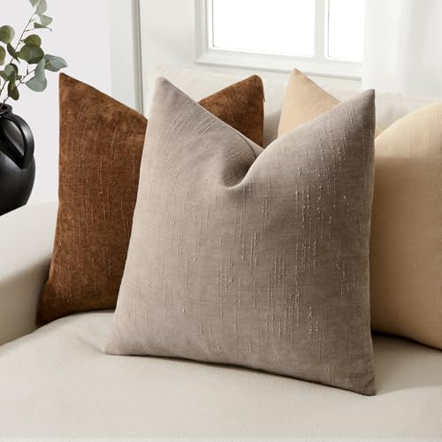 Set of 2 Textured Throw Pillow Covers Decorative Soft Accent Square Chenille Pillowcases Neutral Farmhouse Cushions Modern Home Decor for Couch Sofa Bedroom Living Room 18x18 Inch, Light Taupe - color: Light Taupe, size: 18" x 18" (Pack of 2)