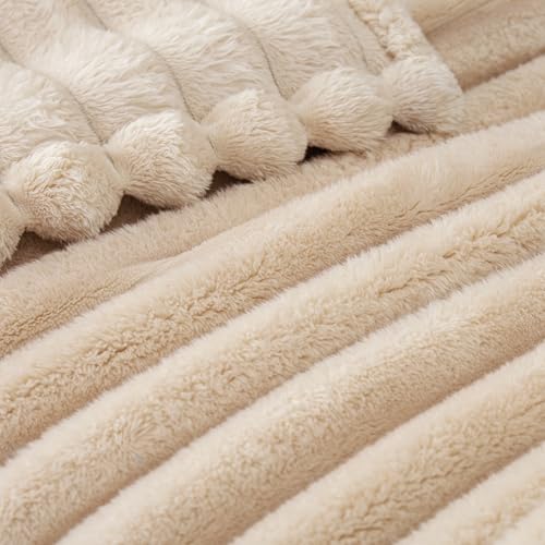 Exclusivo Mezcla Fleece Throw Blanket for Couch, Super Soft Striped Jacquard Bed Blanket, Lightweight Fuzzy Cozy for All Seasons, 50x60 Inches, Beige - color: Beige, size: Throw ( 50x60 IN )