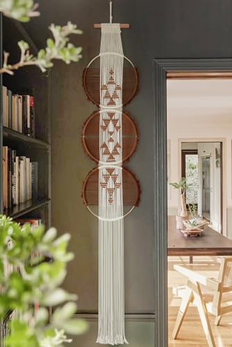 Flber Macrame Wall Hanging Brown and white Boho Wall Decor Art Living room wall art Round Handmade Geometric Lines Home Décor 11.8W x 65L - color: Brown1