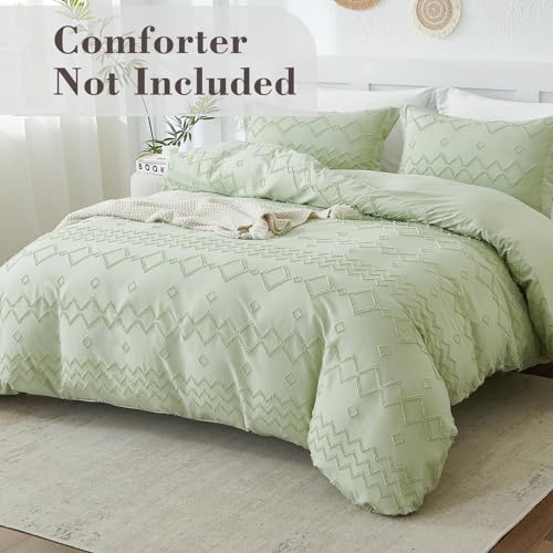 EMME Boho Duvet Cover Twin Size Sage Green - 2 Pieces Soft & Breathable Tufted Shabby Chic Embroidery Bedding for All Seasons, 1 Duvet Cover with 1 Pillow Shams & Zipper Closure (Sage Green, Twin) - color: 25 - Sage Green, size: Twin(68"×90")