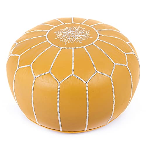 Marrakesh Gallery Genuine Leather Round Pouf Unstuffed - Moroccan Ottoman Footstool, Footrest Cover - Boho Decor - Bohemian Living Room, Bedroom, Kids Room, Gift & Wedding - color: Yellow