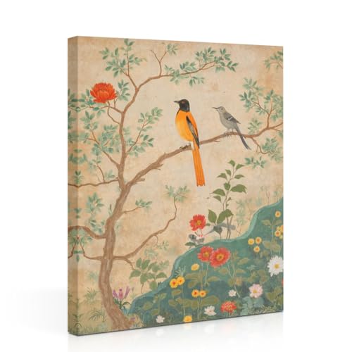 Vintage Birds Flowers Canvas Wall Art, Traditional Persian Birds Bohemian Wall Decor Framed Prints for Living Room Bedroom Bathroom Office Apartment Decor, Housewarming Gifts 11.5x15 Inch - color: Multi 1380