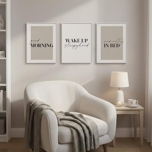 Framed Neutral 3 Piece Wall Art Master Bedroom, Minimalist Modern Painting Print Pictures Canvas Artwork for Walls, Typography Quote Good Morning Nursery Guest Room Wall Decor Above Bed, 12x16 Inch - color: Neutral